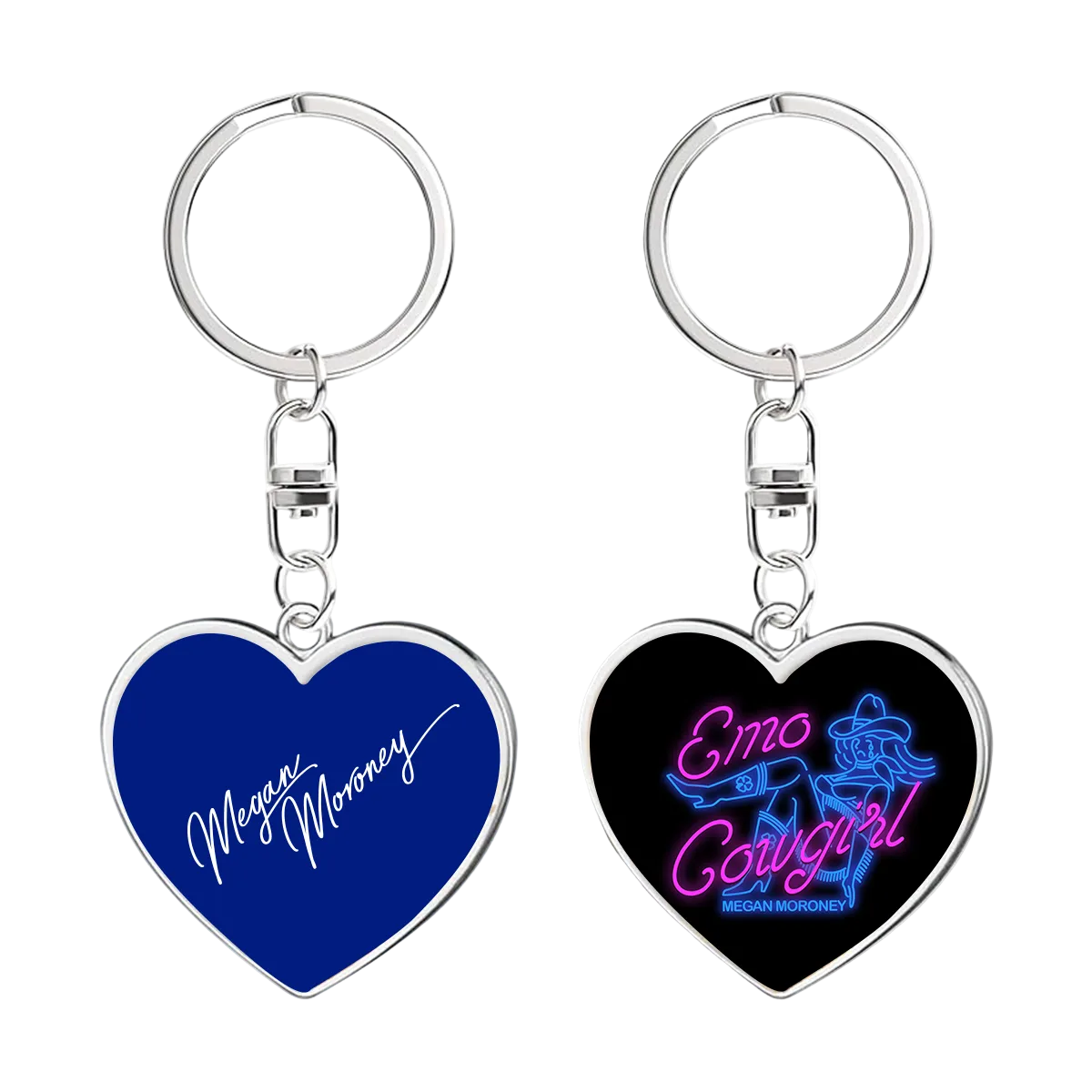 A heart-shaped keychain with one side blue and the text 'Megan Moroney' and the other side black with the text 'Emo Cowgirl'.